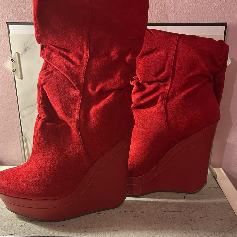 Michael Antonio Red Wedge Suede Boots “Rare Find”